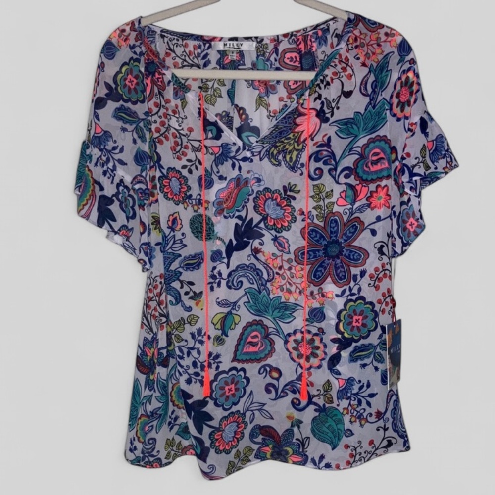 Milly By Design Nation Floral Sheer Peasant Top Capri Italia Sz S NWT